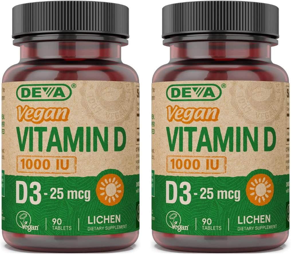 DEVA Vegan Vitamin D3 Tamam - 1000 IU ile Gün Tablet - Cholecalciferol - Lichen Plant Derived - 90 Küçük Tabletler, 2-Pack