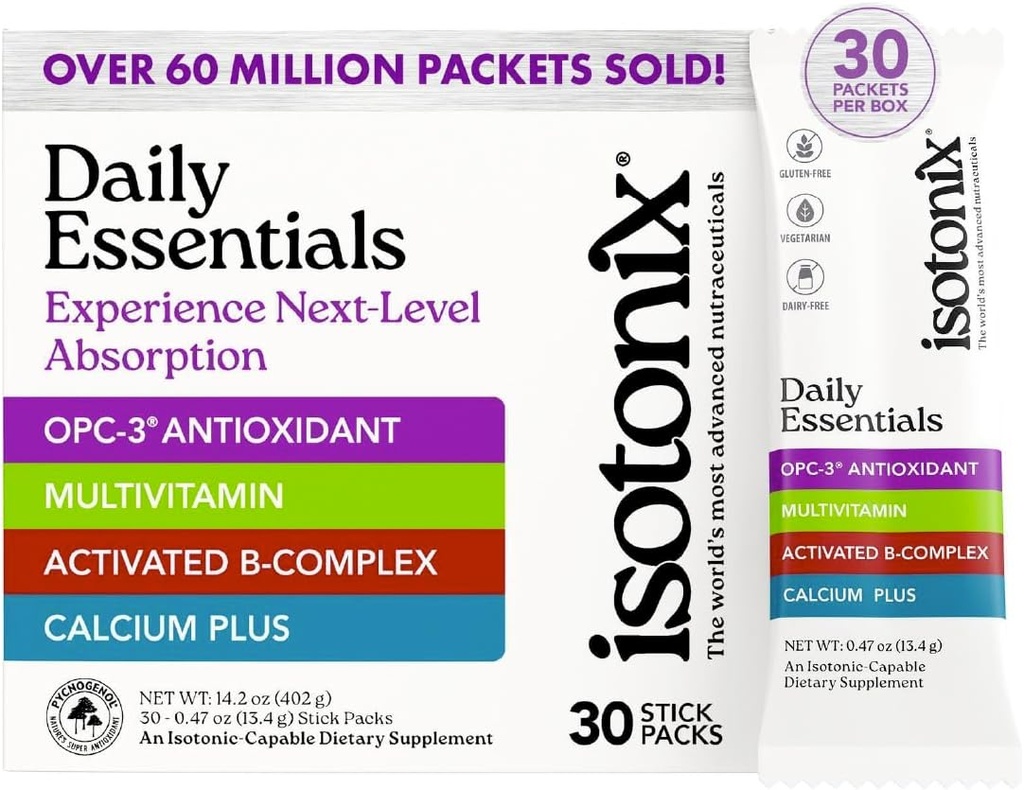 Isotonix® Daily Essentials Multivitamin Toz Paketleri – 4-in-1 Formula ile Multivitamin, Aktif B-Complex, Kalsiyum Plus & OPC-3 ile Pycnogenol® – Isotonic Delivery – Gluten Free-30 Packets