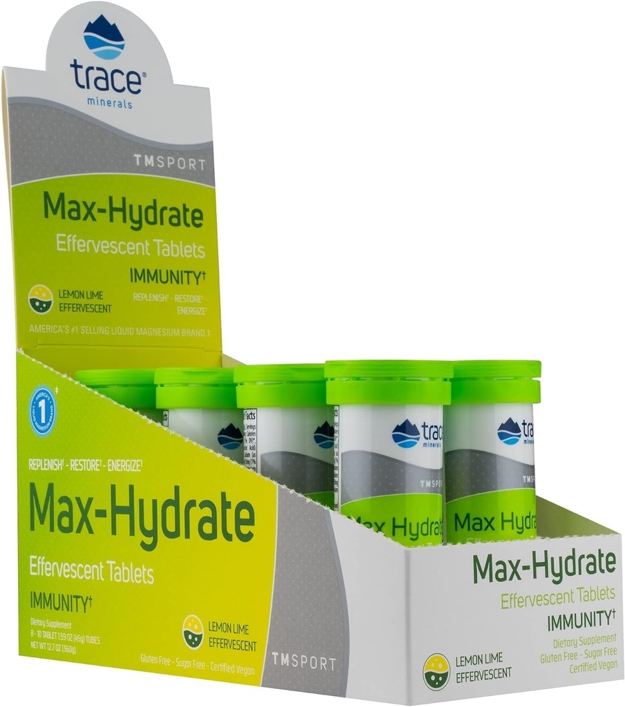 Trace Minerals Max-Hydrate Immunity - Electrolyte Drink Supplement for Immune Health & Hydration Support - Vitality Supplement to Aid Kas Cramp Relief - Lemon Lime, 8 Konteynerler (80 Hizmetler)