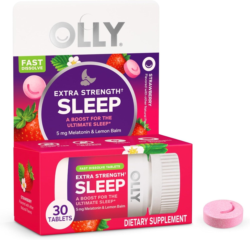 OLLY Extra Strength Sleep Fast Dissolve Tabletleri, 5 mg Melatonin, Vegan, Strawberry - 30ct