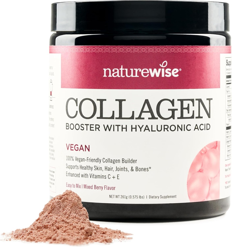 NatureWise Vegan Collagen Powder - Forster Formula for Healthy Hair, Skin, & Nails with Hyaluronic Acid, Vitamin C and E, Protein - Mixed Berry Flavor - Γαλακτο-ελεύθερο, Μη ΓΤΟ - 15 μερίδες