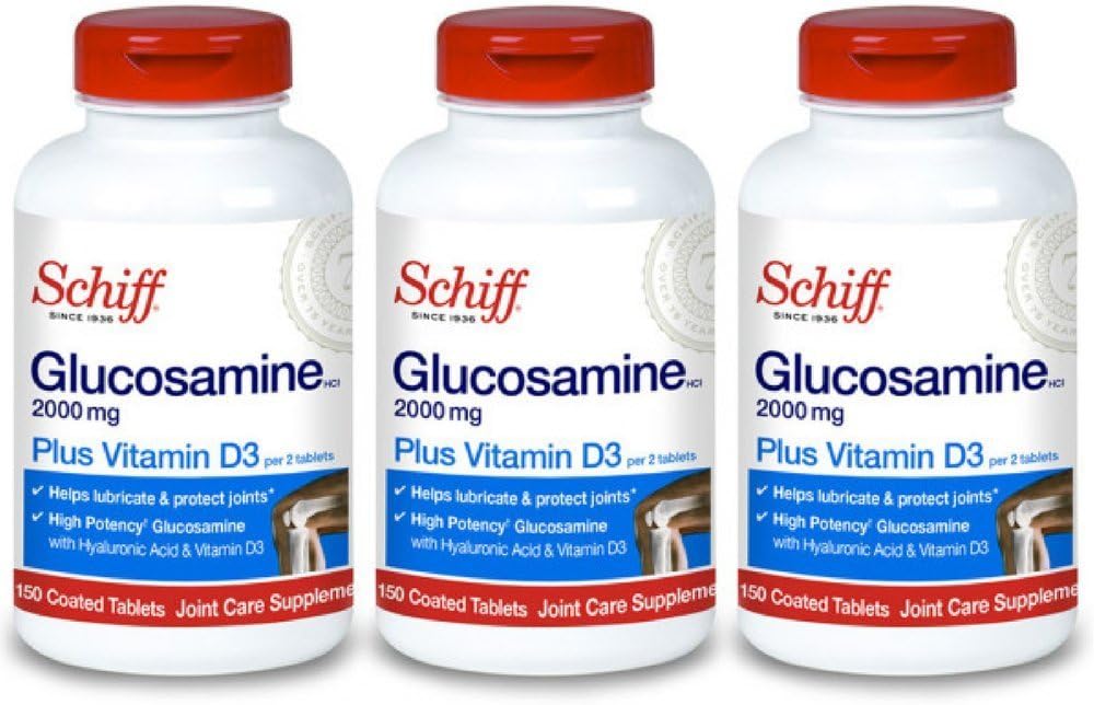 Schiff Glucosamine 2000 mg with Vitamin D3 and Hyaluronic Acid, 150 Tabletler - Ortak Supplement (Pack of 3)