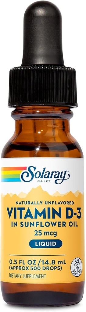 SOLARAY Vitamin D3 Sıvı 25 mcg (1000 IU) - VIT D3 Desteği için Sunflower Yağı'nda Apsiyon Vitamini - Doğal Unflavored, Dropper Dahil - Approx. 500 Hizmet, 0,5oz