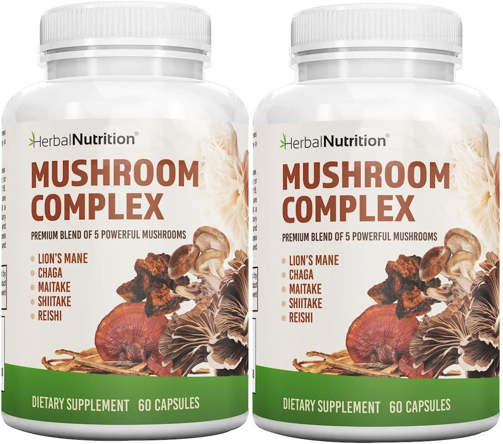 Herbal Beslenme Mushroom Kompleksi 700 mg ila 1400 mg. 5 En Güçlü Mushrooms - Lions Mane, Reishi, Chaga, Maitake, Shiitake - Supports Immune Health, Nootropic Brain Health for Memory & Focus