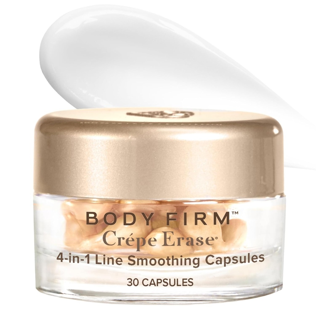 BODY FIRM Crepe Erase 4-in-1 Line Smoothing Capsules, Anti-Aging, Hydrating Face and Eye Serum with Hyaluronic Acid and Multi-Chain Peptide for Wrinkles, Crepe Skin & Fine Lines, 30 Count