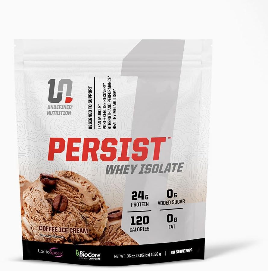 Απροσδιόριστη Διατροφή Persist Whey Isolate από Brian Shaw - 24g πρωτεΐνη, 30 υπηρεσίες – Υποστηρίζει την ανάκτηση, δύναμη & απόδοση - Χωρίς γλουτένη, γρήγορη απορρόφηση (2.18lbs, Coffee Ice Cream)