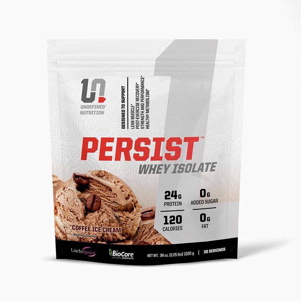 Undefined Nutrition Persist Whey Isolate by Brian Shaw - 24g Protein, 30 Servings – Supports Recovery, Strength & Performance - Gluten Free, Fast Absorbing (2.18lbs, Coffee Ice Cream)