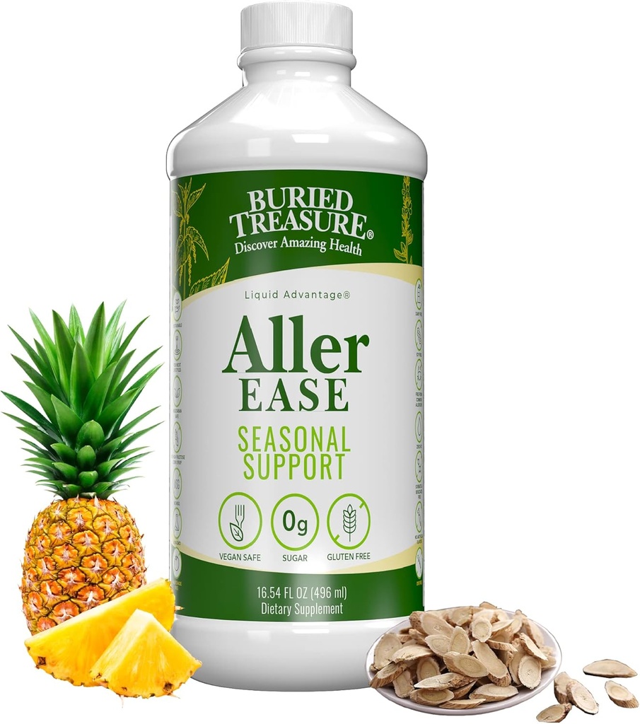 Θαμμένοι Θησαυροί Aller Ease - 16 fl oz. Συμπλήρωμα υγρού w/ Quercetin, Bromelain, Mullein, Υποστηρίζει το ανοσοποιητικό, Sinus Comfort, μη-Νυχτερινή φυτική φόρμουλα