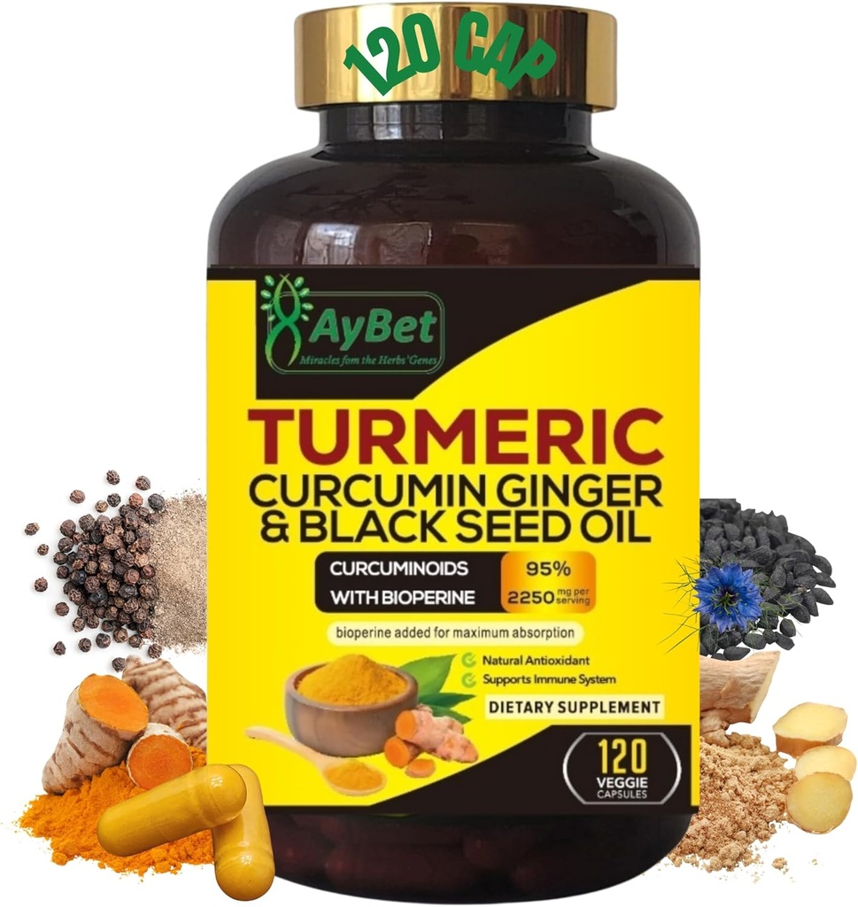 World 1st.Turmeric Curcumin Ginger ve Black Seed Oil, 120 Caps, 2250 mg,% 95 Curcuminoids, BioPerin Eklenme, Ekstra Kuvvet,Organic,Halalal,Vegan, Support Immune System,Joint Support (120)