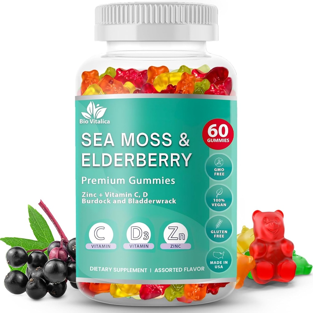 BIO VITALICA Deniz Moss Gummies Elderberry BioVitalica - C D + çinko - İrlandalı Seamoss Vegan Gummy with Sea Moss Gel & Toz for Immunity, Detox - Yetişkinler ve Çocuklar için