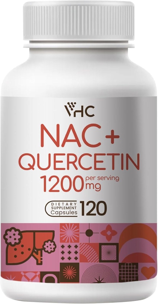 VHC NAC Supplement,Acetyl L-Carnitine1200 mg Plus Quercetin, Perfect Dose (1200 mg + 100 mg), 1 Dual Action Formula N-Acetyl-L-Cysteine with Quercetin, for Respiratory, Liver, Immune, Made in USA