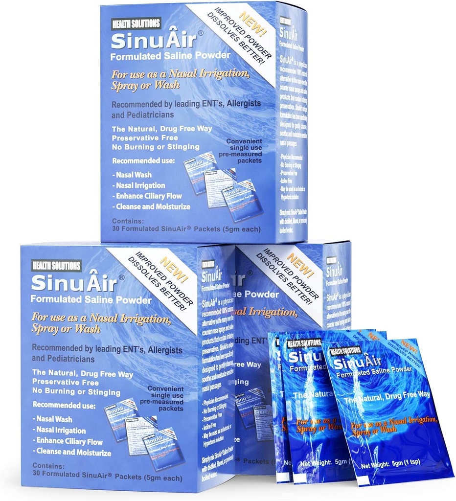 SinuAir Saline Packets for Sinus Rinse - Premixed Salt Solution Powder for SinuPulse Elite System, Neti Pot, Nose Wash Bottle & Nasal Irrigation, 90 Packets