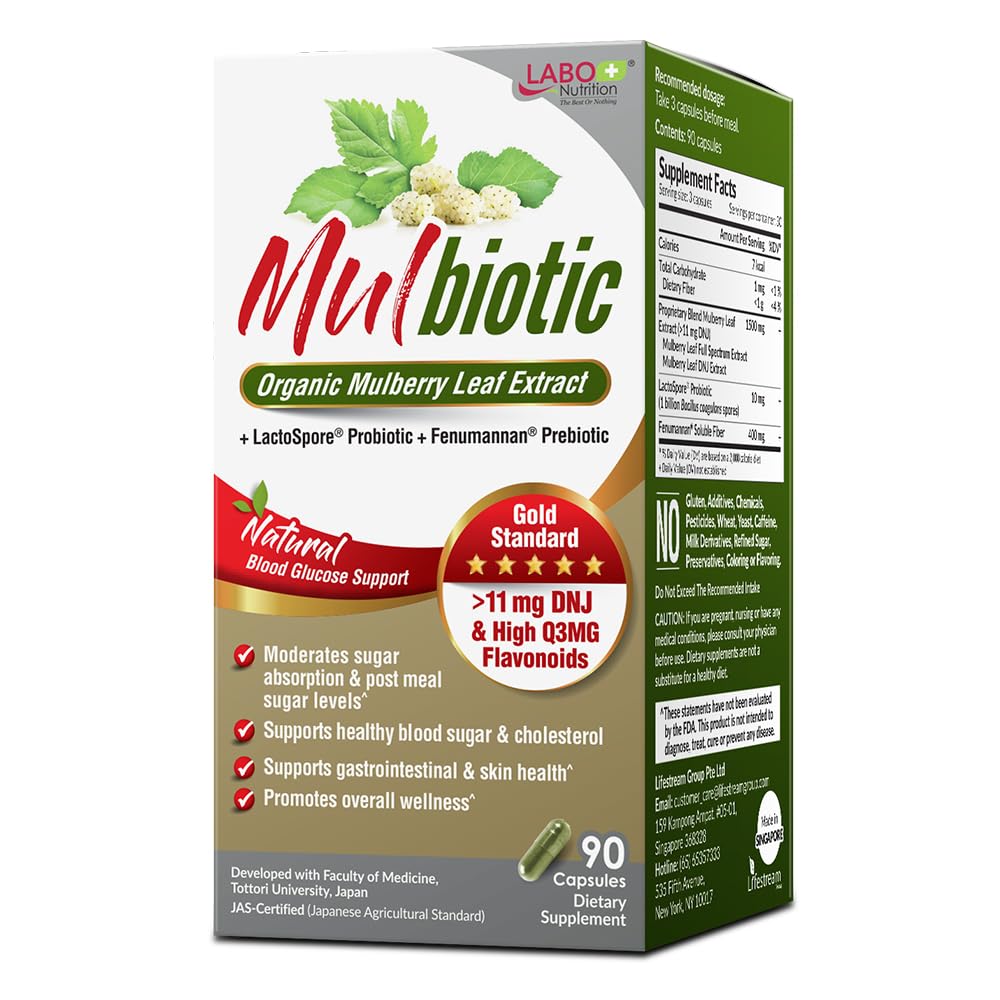 LABO Nutrition Mulbiotic Capsule, Organic Mulberry Leaf Extract + LactoSpore Probiotic & Fenumannan Prebiotic, for Healthy Carb Cravings Support, Vegetarian, Non-GMO