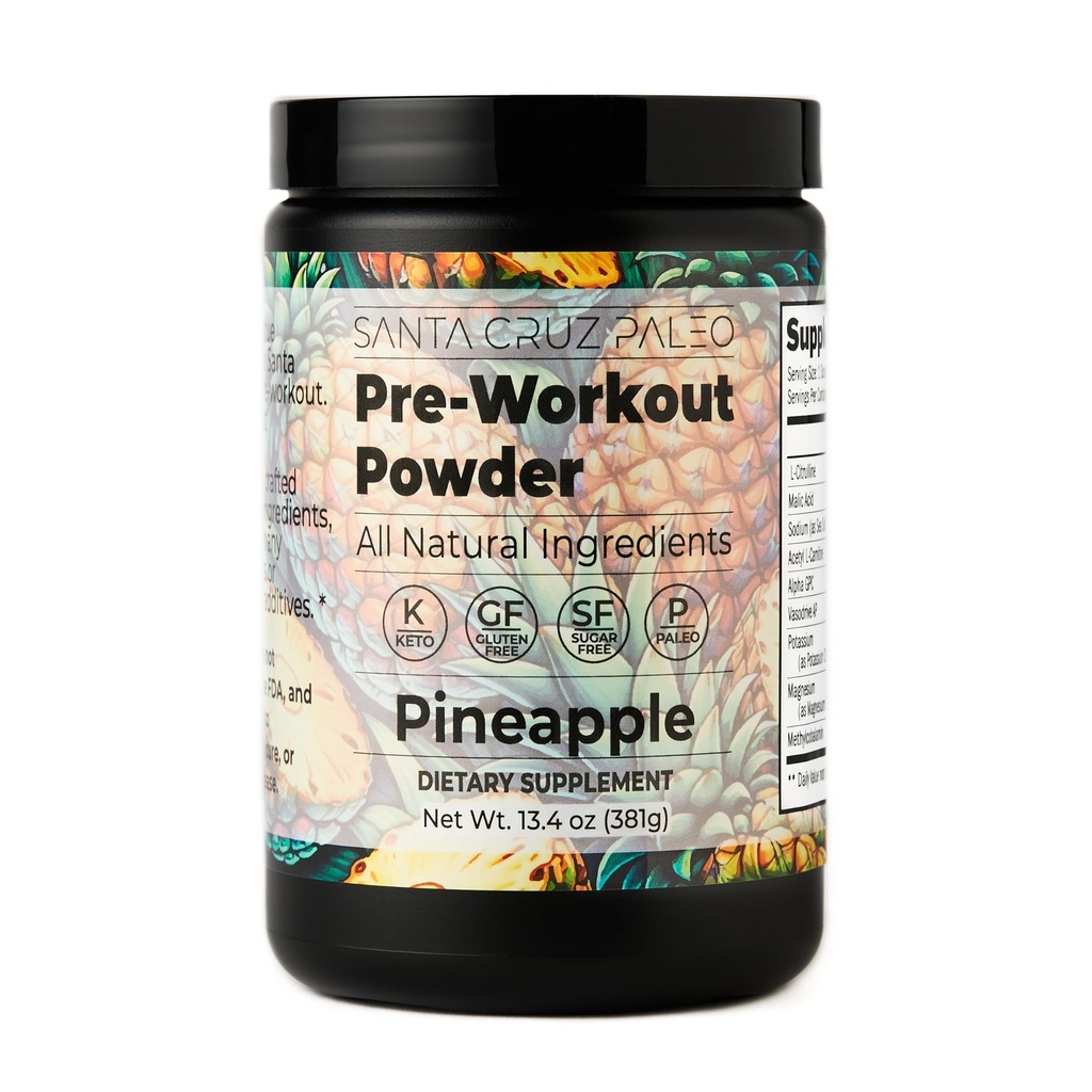 Santa Cruz Paleo Pre Workout Toz Elektrolytes, Magnezyum, Pyum, Deniz Salt & L Citrulline, Caffeine & Sugar Free Preworkout Drink Mix for Energy & Hydration, Pineapple Flavor, 30 Servisler
