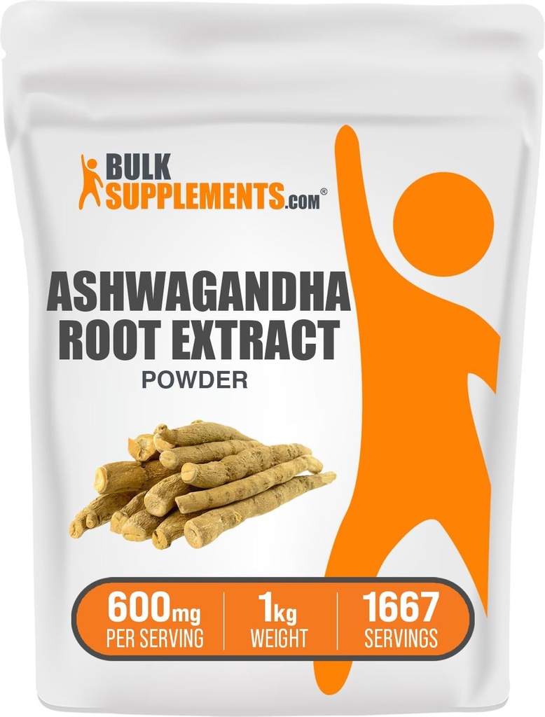 BulkSupplements.com Ashwagandha Root Extract Toz - Ashwagandha Supplement, Herbal Supplement - Vegan & Gluten Free, 600 mg per Service, 1kg (2.2 lbs) (Paket of 1)