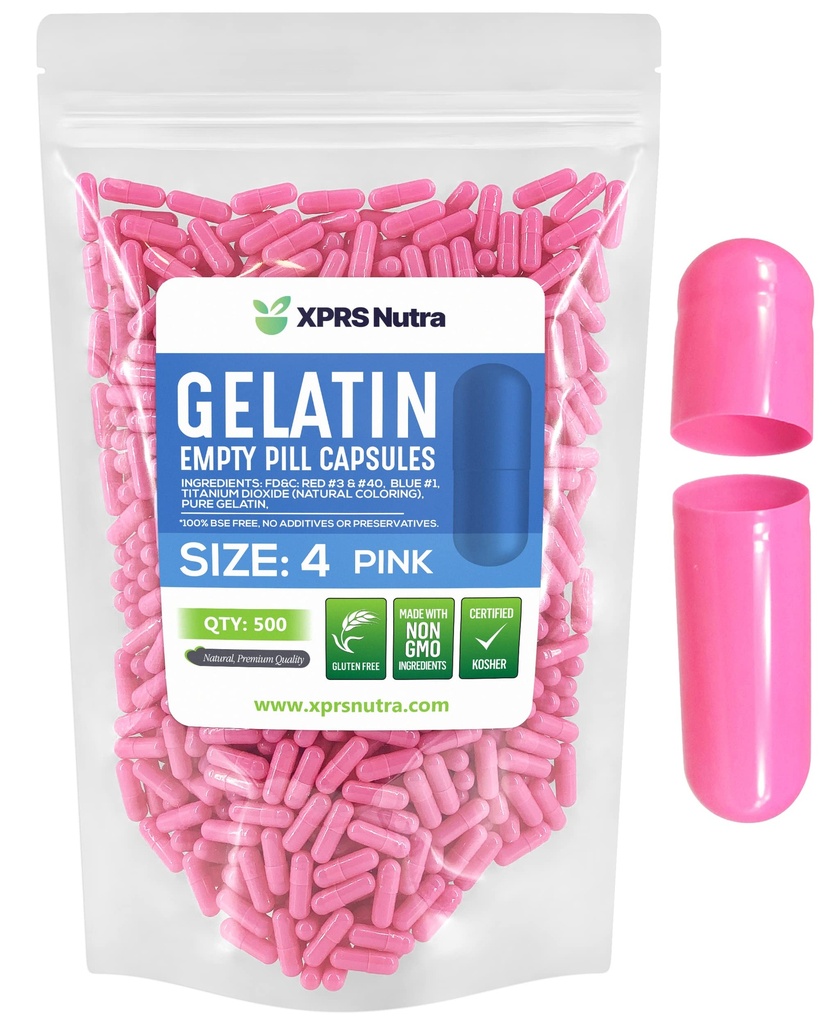 XPRS Nutra Boyutu 4 Boş Kapsüller - 500 Kont Boş Gelatin Capsules - Pill Gelcaps - DIY Capsule Filling - Pure Bovine Pill Gel Caps (Pink)