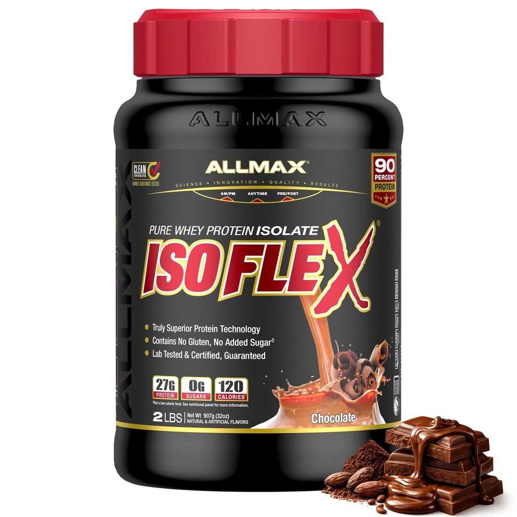 ALLMAX ISOFLEX Whey Protein Isolate, Chocolate - 2 λίβρες - 27 γραμμάρια πρωτεΐνης Per Scoop - Zero Fat & Sugar - 99% χωρίς λακτόζη - Χωρίς γλουτένη & χωρίς σόγια - Περίπου 30 σερβιέτες