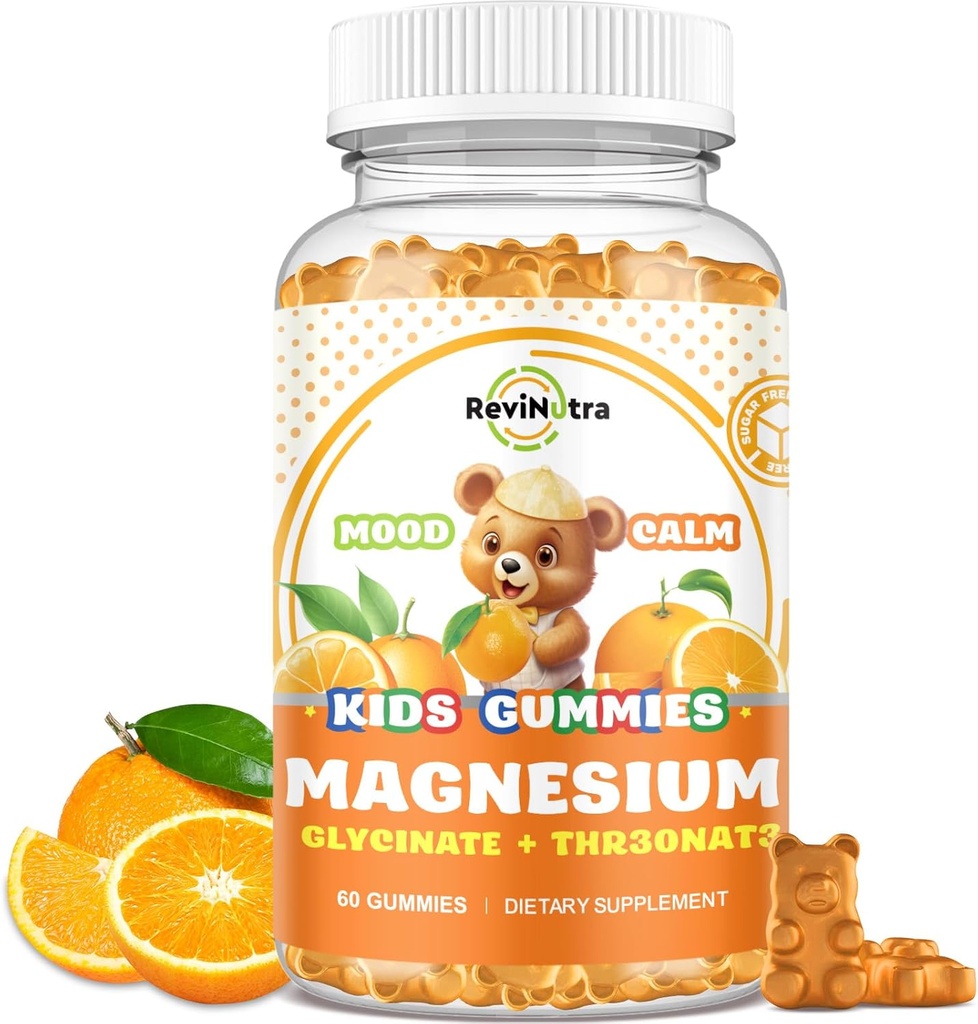 Çocuklar ve Yetişkinler için Magnezyum Kompleksi - Glycinate Supplement- Support Calm Stres Yardımı, Bones, Mood Vegan- Sugar-Free Orange Flavor, 60 Gummies
