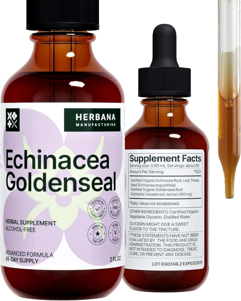 Echinacea ve Goldenseal 2 fl oz Sıvı Ekstraksiyon - Doğal Herbal Supplement - Immune Support Drops - Geliştirilmiş Uyku | Boost Energy - High Potency - 45-Day Supply