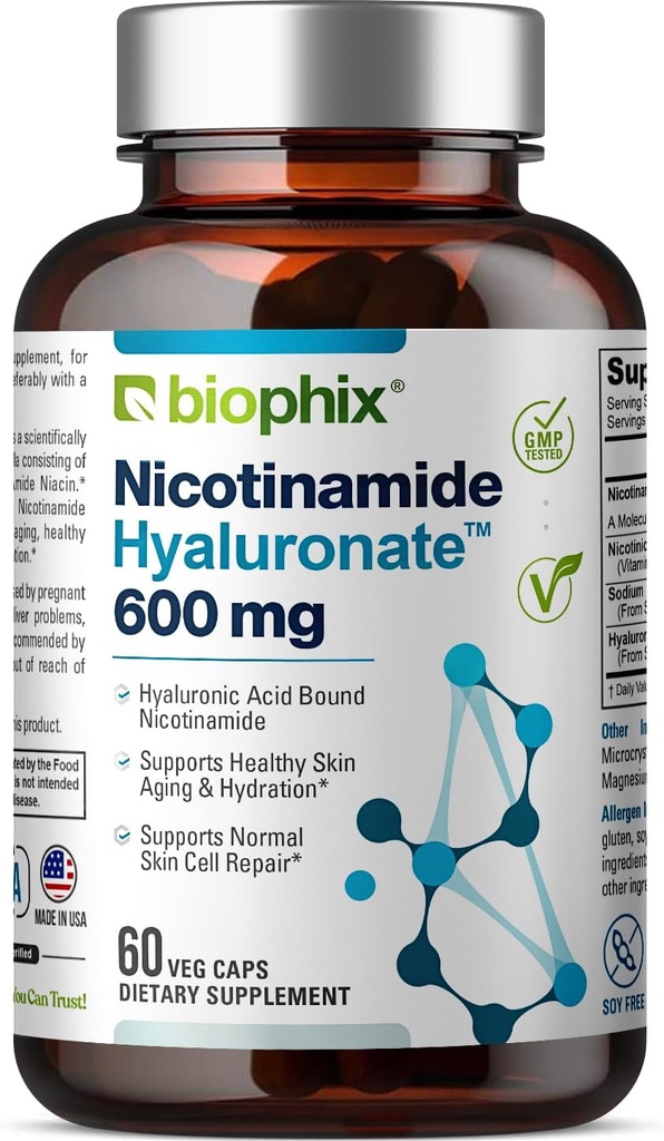 Nicotinamid Hyaluronate 600 mg 60 Vcaps - Natural Flush-Free | Gluten-Free Nicotinic Amide Niacin | Hyaluronic Acid | Supports Skin Health | Sağlıklı Hücre Onarım Desteği