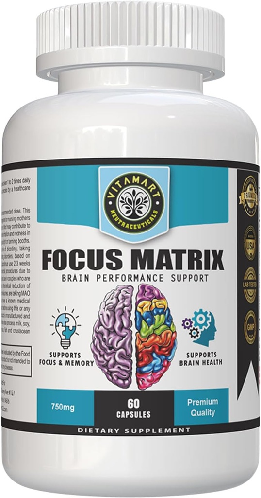 Focus Matrix (1 μπουκάλι) Brain Health Supplement - για καλύτερη εστίαση, μνήμη, προσοχή, συγκέντρωση, Ginkgo biloba Leaf, Bacopa Monnieri, Focus Pill