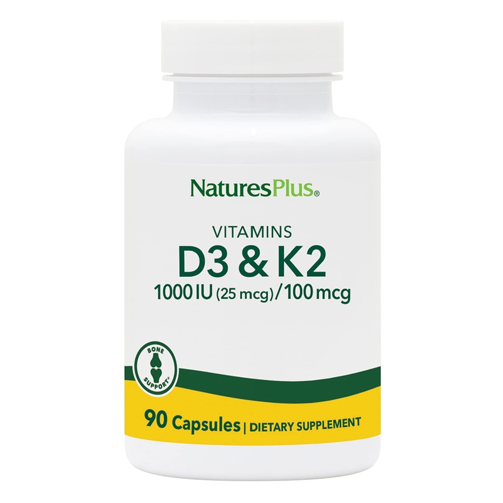 NaturesPlus Βιταμίνες D3 (1000 IU) & K2 (100 mcg) - Χορτοφαγικά, Χωρίς Γλουτένη - 90 Κάψουλες, 90 Σερβιέτες
