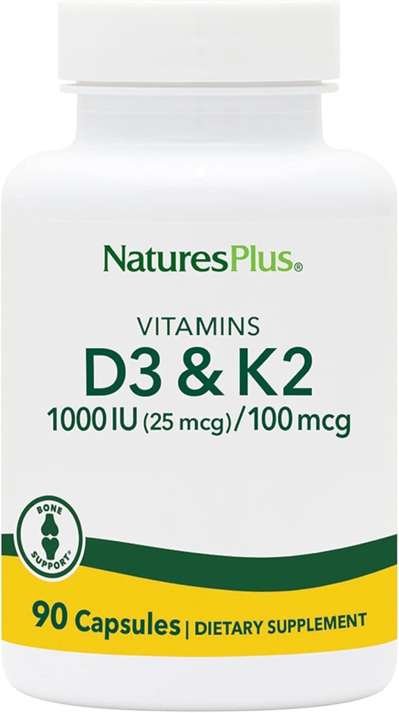 NaturesPlus Vitamins D3 (1000 IU) & K2 (100 mcg) - Vejetaryen, Gluten Free - 90 Capsules, 90 Hizmetler