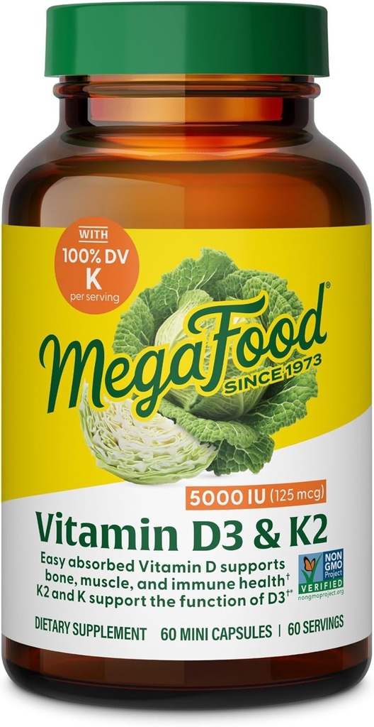 MegaFood Vitamin D3 5000 IU (125 mcg) - Συμπληρώματα χορτοφαγικής με βιταμίνη D3 K2 - Υποστηρίζει οστά, δόντια, μύες & ανοσοποιητική υγεία - Certified Non-GMO - 60 μίνι κάψουλες, 60 εξυπηρετούν