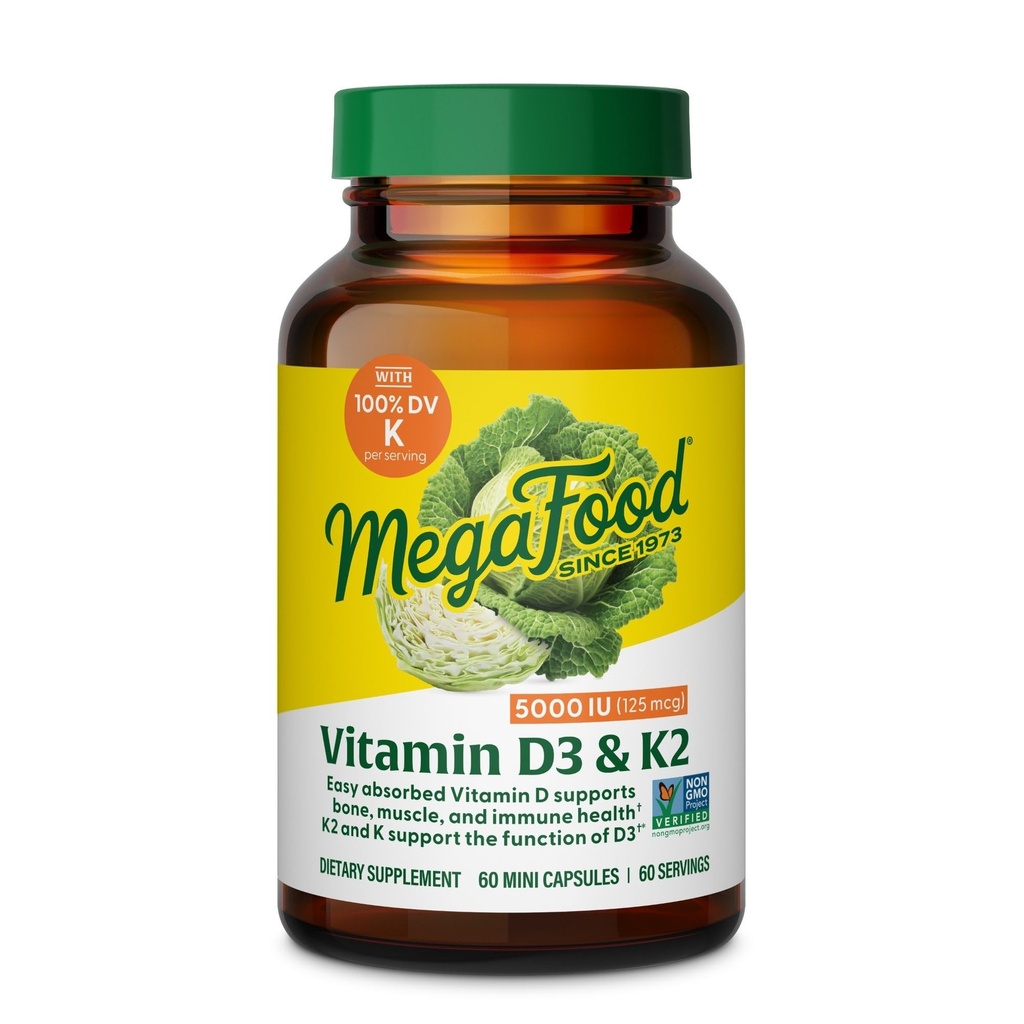 MegaFood Vitamin D3 5000 IU (125 mcg) - Vejetaryen Supplements with Vitamin D3 K2 - Supports Bones, Teeth, Muscles & Immune Health - Certified Non-GMO - 60 Mini Capsules, 60 Servisler