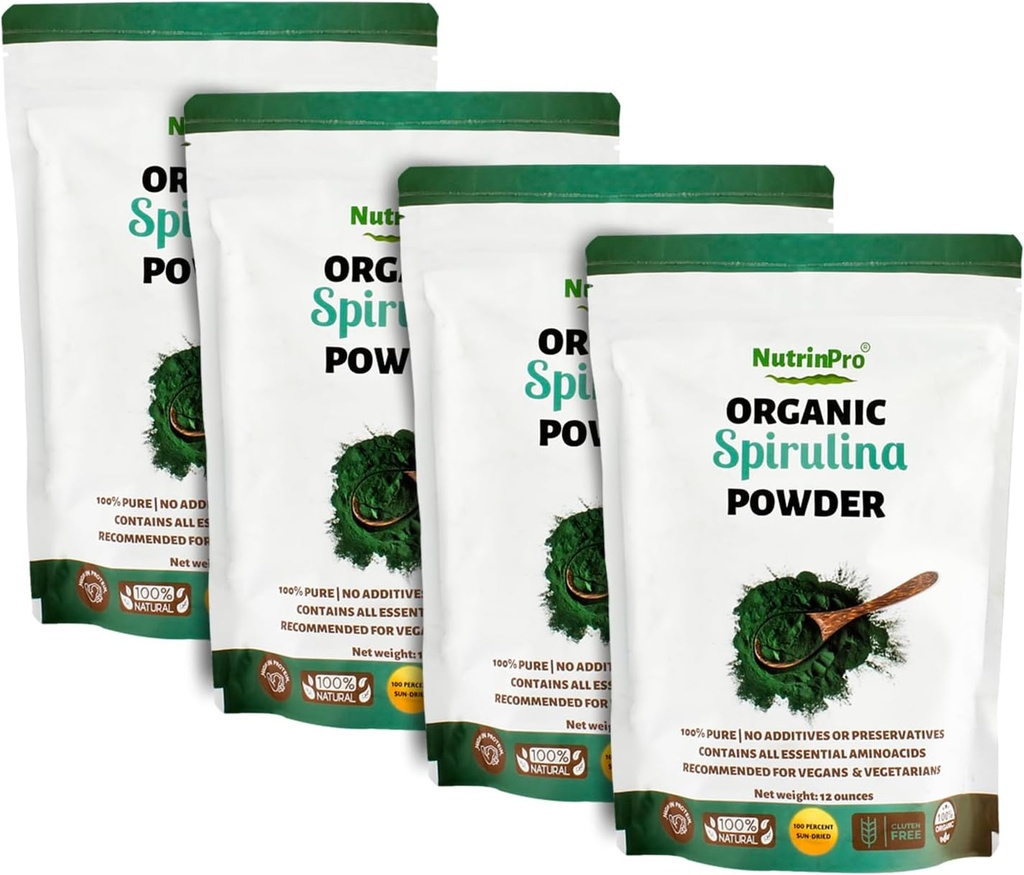 4 Pack Spirulina Toz for Juice and Smoothy Mix; 100% Doğal, USDA Organik ve Gluten Free, Yüksek Protein, Vitaminler, Antioksiler ve Mineraller (12 Ounces) (4)