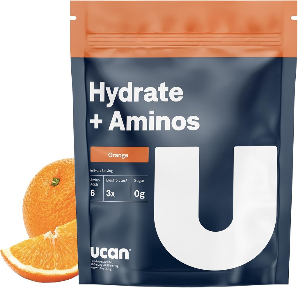 UCAN Hydrate + Aminos, Orange 20 Hizmet Bag, Keto, Sugar-Free Electrolyte + Muscle Recovery, Essential Electrolytes + EAAs & BCAAs, Non-GMO, Vegan, bayanlar için, Gym-Goers, Performans sporcular