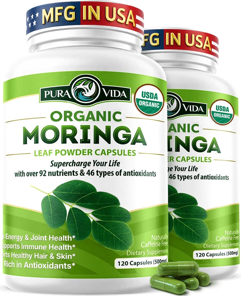 PURA VIDA MORINGA Capsules Single Origin Organic Moringa Toz. Moringa Leaf. Energy, Metabolism, & Immune Support. 120ct. 500 mg Caps.