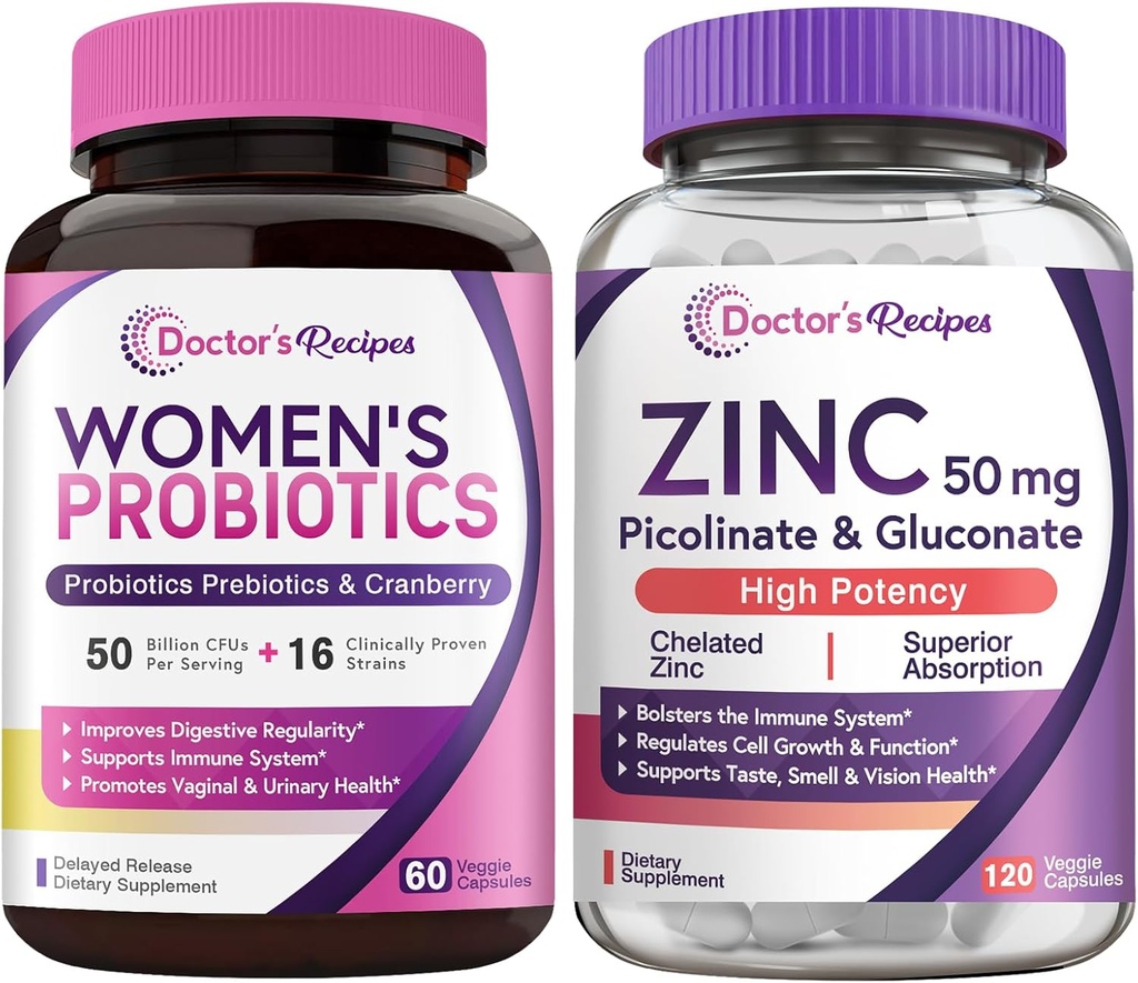 Doctor's Recipes Women’s Probiotic & Zinc Bundle, Digestive, Vaginal & Urinary Health, Natural Immune Defense, Delayed Release Probiotic Capsules 60ct & Zinc Capsules 120 ct