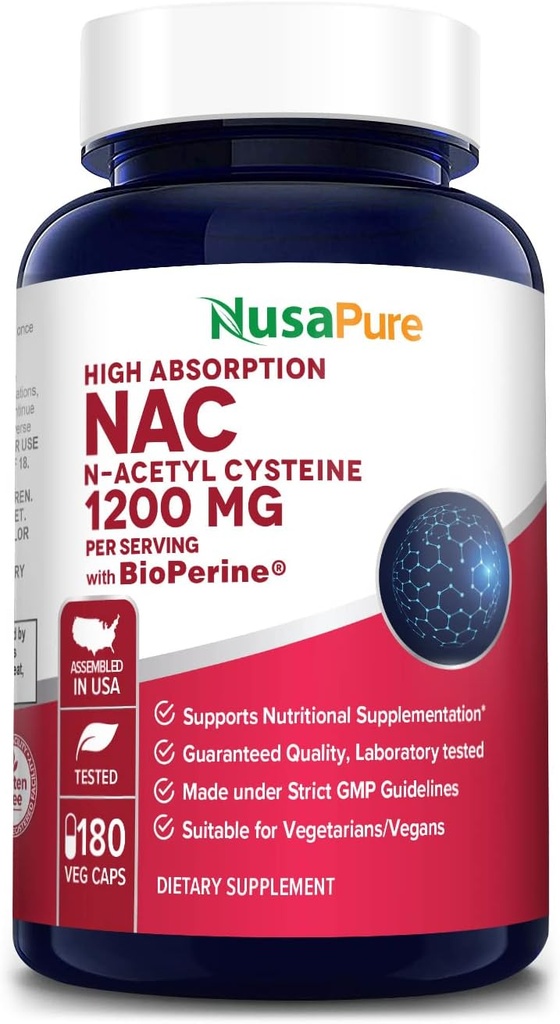 NusaPure N-Acetyl Cysteine (NAC) 1200 mg 180 Veggie Caps (Vejetary, Non-GMO, Gluten Free) Bioperine