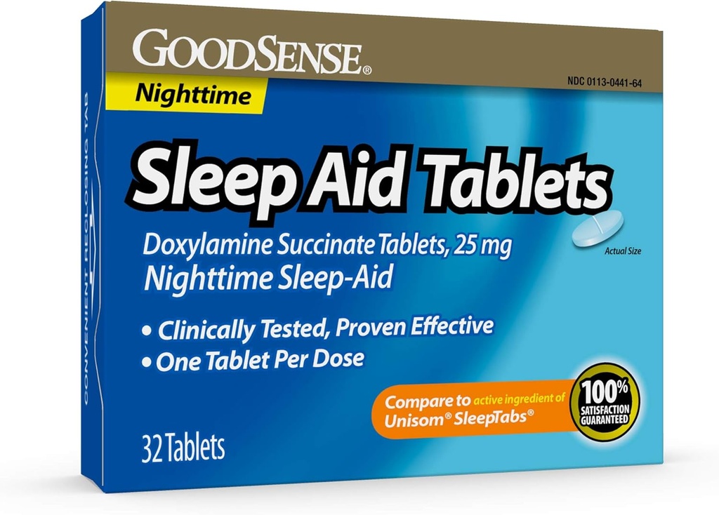 GoodSense Sleep Aid Doxylamine Succinate tabletleri, 25 mg, 32-say, Nighttime Sleep Aid You Fall Asleep