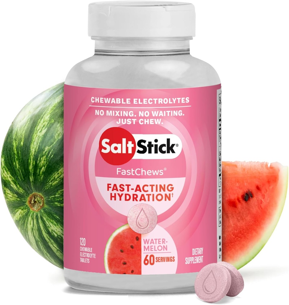 SaltStick Electrolyte FastChews - 120 Sumelon Chewable Electrolytes - Koşu ve Hydration için Salt Tabletler, Electrolyte Chews - 120