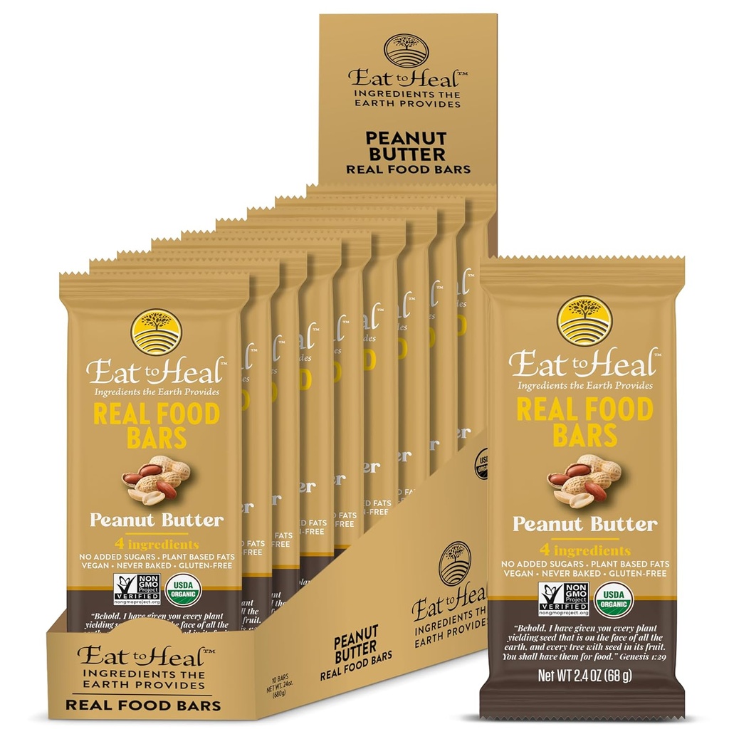 EatToHeal Φυστικοβούτυρο Real Food Bar - Organic Vegan Healthy High Protein Bars - Χαμηλή αντικατάσταση γεύματος ζάχαρης, μη ΓΤΟ, Ποτέ δεν ψήθηκε, Plant Based, Gluten Free - Crafted to Enjoy, Not Sit on Shelves