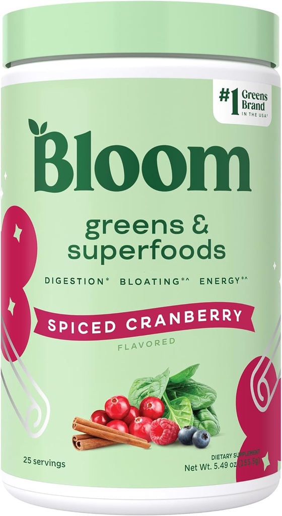 Bloom Beslenme Superfood Greens Toz, Probiyotikler ve Prebiyotiklerle Digestive Enzymes, Gut Health, Kadınlar için Bloating Relief, Chlorella, Green Juice Mix with Beet Root, 25 SVG, Spiced Cranberry