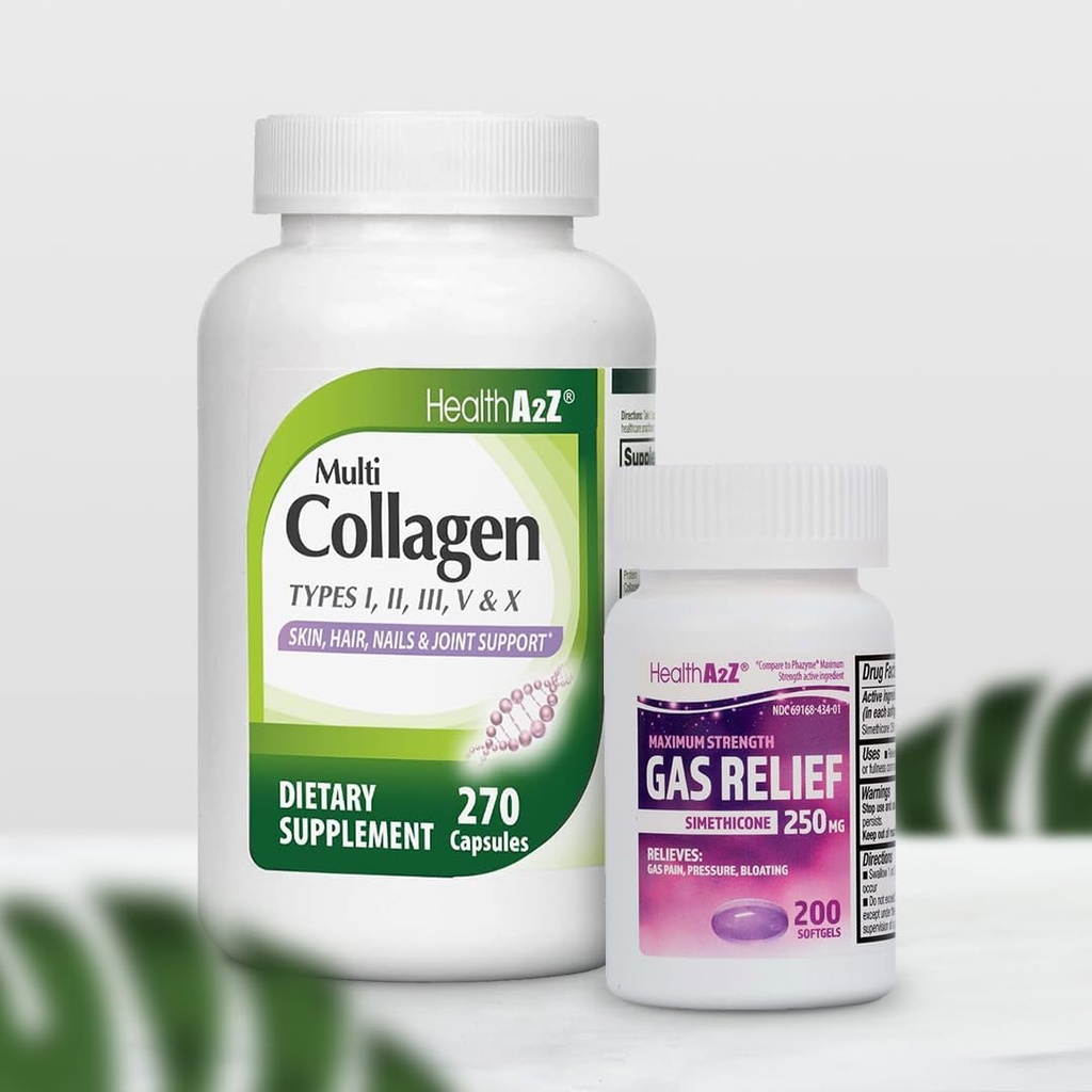 HealthA2Z® Super Savings Sche Deal - Gas Relief Simethicone 250 mg (200 Softgels) & Multi Collagen Pills, 1735 mg (270 Collagen Capsules)