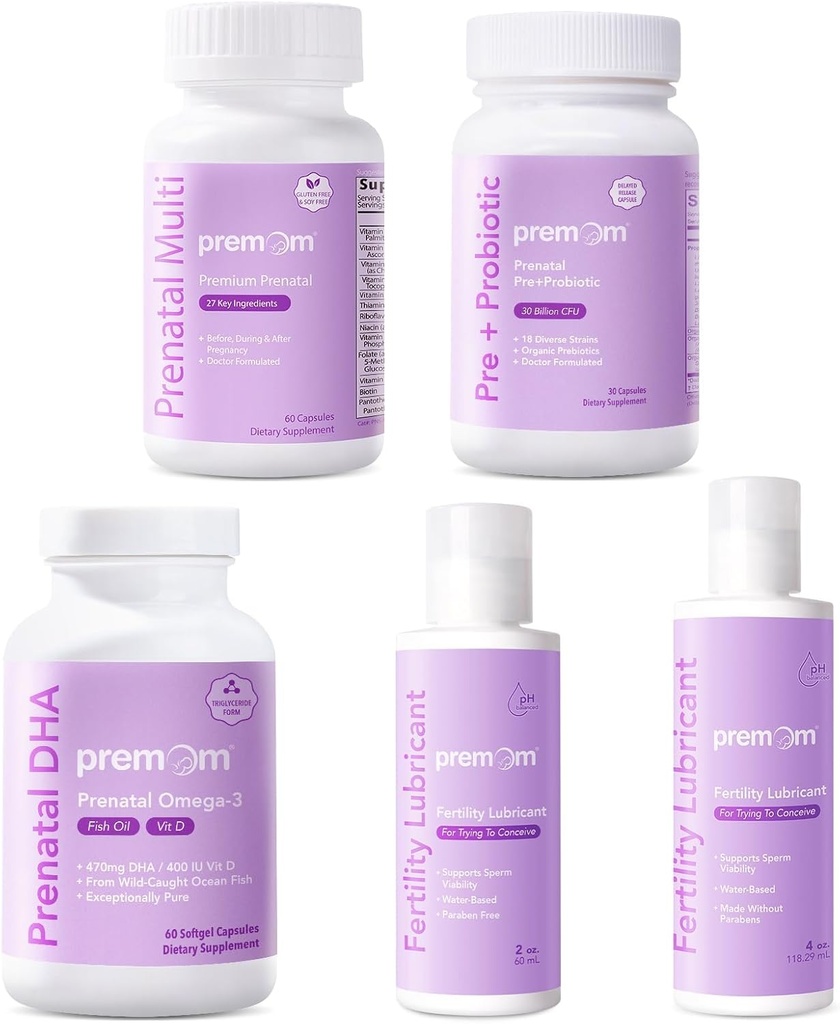 Premom Multivitamin for Women + Prenatal DHA Fish Oil + Prenatal Pre & Probiyotiks + Personal Ferttitude Lubricant for Conception 2&4 Fl Oz