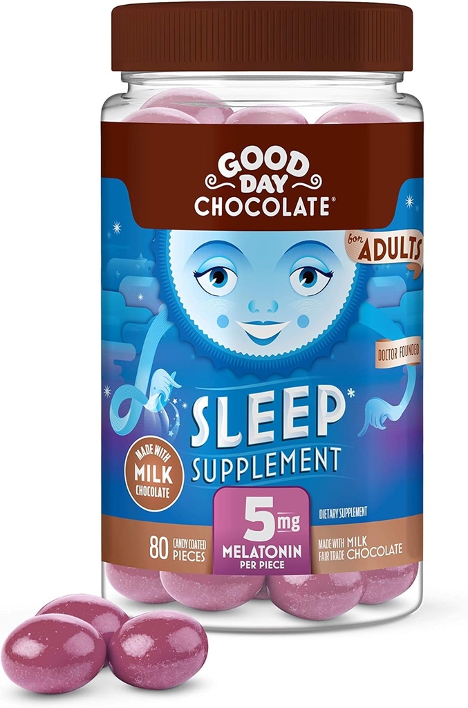 Good Day Chocolate Melatonin for Yetişkinler [80 Kont ] - Fair Trade Non-GMO Milk Chocolate with Chamomile and Melatonin 5 mg - Adult Melatonin, Yetişkin Doğal Uyku Yardım Tamamı Supplement