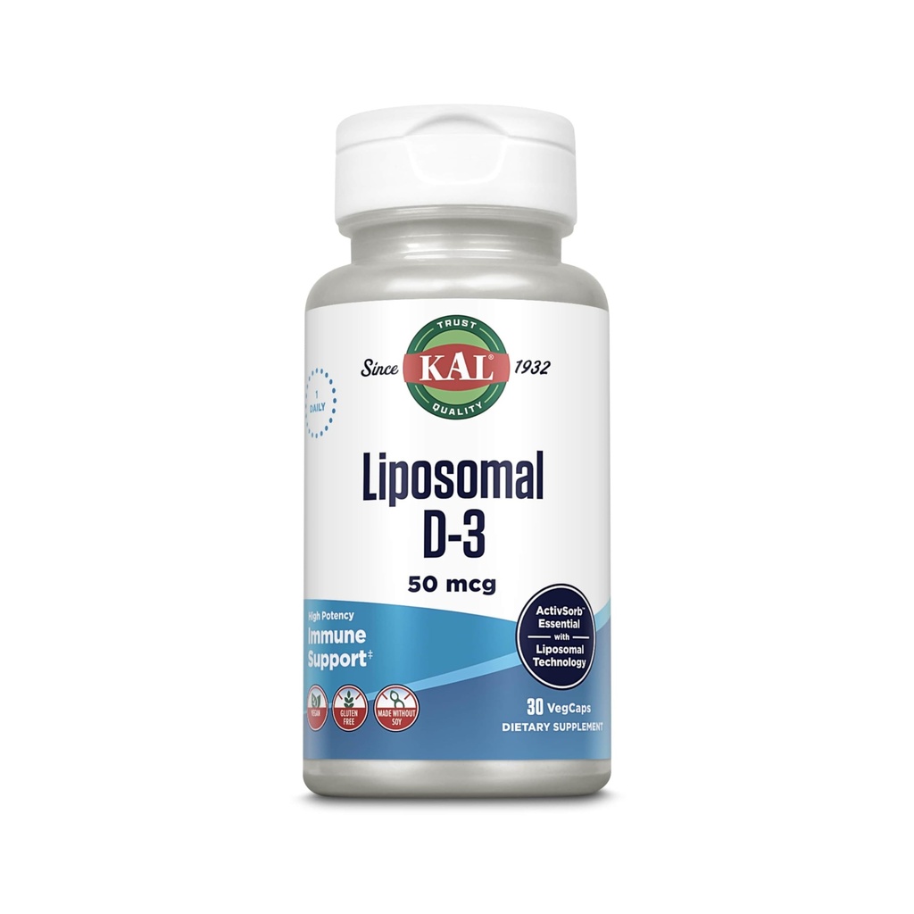 KAL Liposomal Vitamin D3 50 mcg, Yüksek Apsiyon Vitamin D, Liposomal Teknolojisi, Yüksek Potency Immune Support, Vegan Capsules, Gluten Free, No Soy, 30 Hizmet