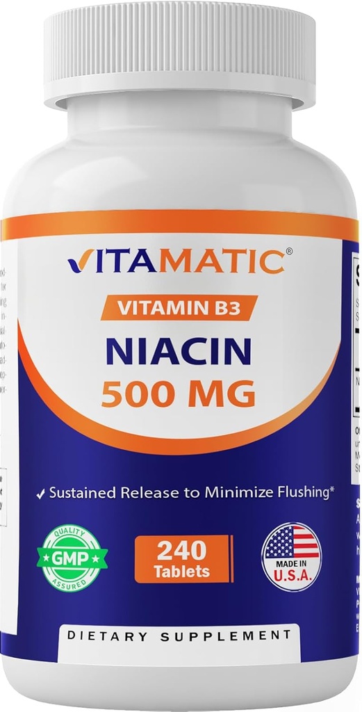 Vitamatic Niacin (Vitamin B3) 500 mg, Sustained release, 240 Tablet - Non-GMO & Gluten Ücretsiz