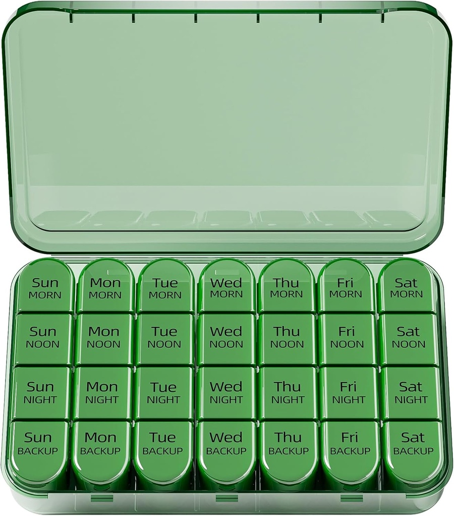 Odaro Weekly Pill Organizer 4 Times a Day, Daily Pill Box 7 Gün, Büyük Seyahat Pill Case with 28 Karşılaştırmalı Tıp, Vitamin ve Supplement - Full Olive