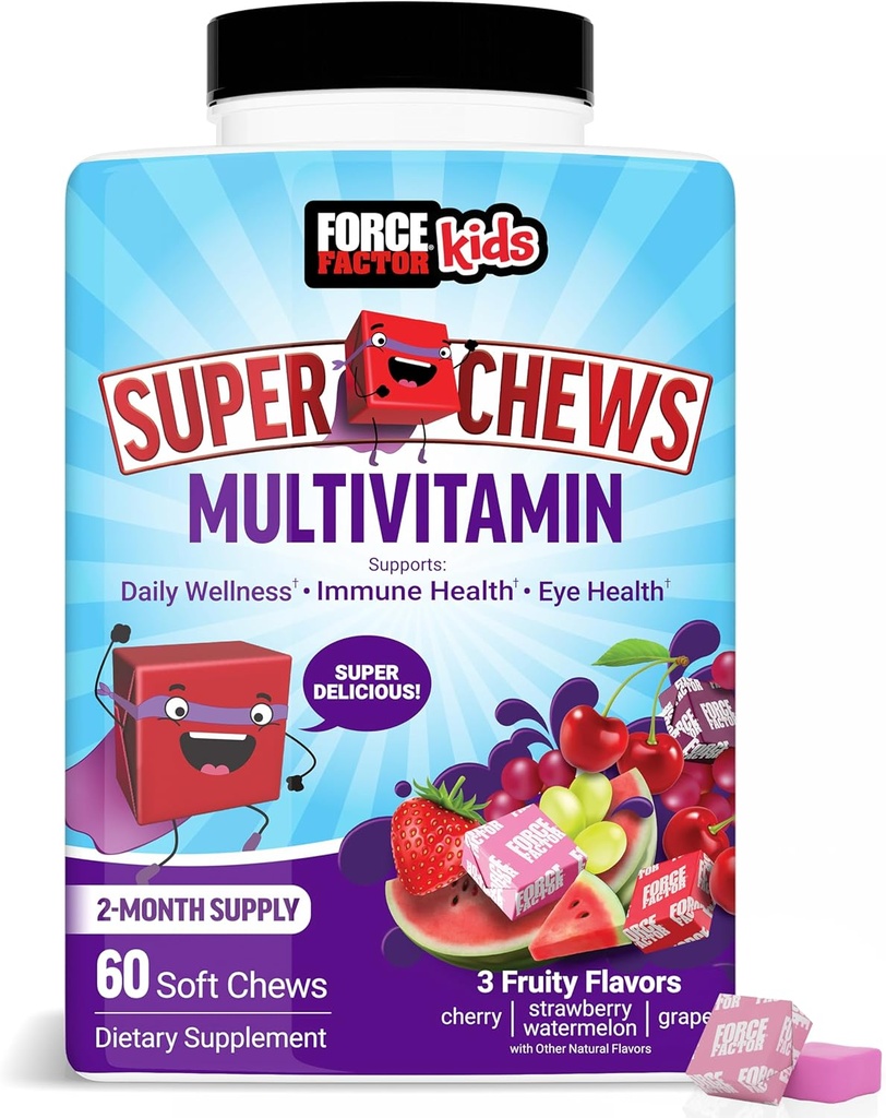 Force Factor Kids Multivitamin Super Chews, Kids Vitamins to Support Wellness, Immune Health, Eye Health, & More with 18 Vitamins, Minerals, & Antioksis, 2Month Supply, Multi-Flavor, 60 Soft Chews