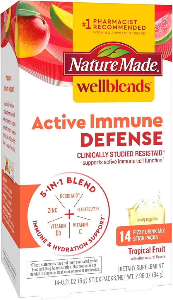 Nature Made Wellbleds Active Immune Defense Fizzy Drink Mix, ResistAid, Vitamin C 500mg, Vitamin D 1000 IU, Zinc, και Ηλεκτρολύτες σκόνη, 14 Stick συσκευασίες