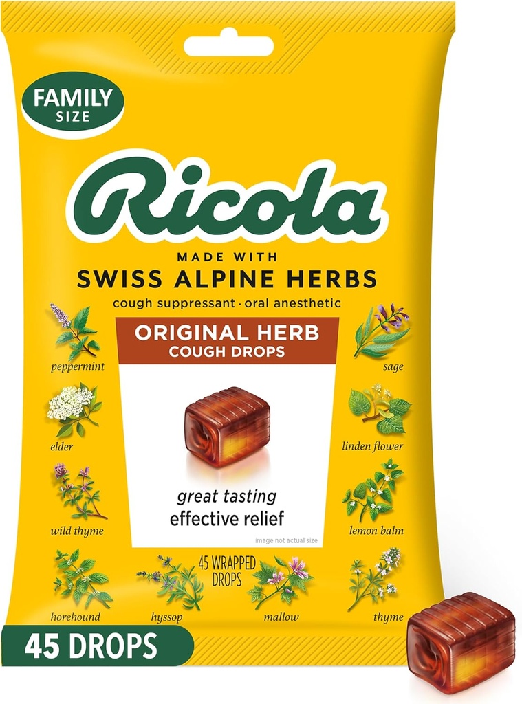 Ricola Original Herb Cough Drops, 45 Count, Cough Suppressant & Throat Ανακουφίζει σταγόνες με φυσικώς πηγασμένη μενθόλη, ευχάριστη γεύση βοτάνων & λαρυγγισμού