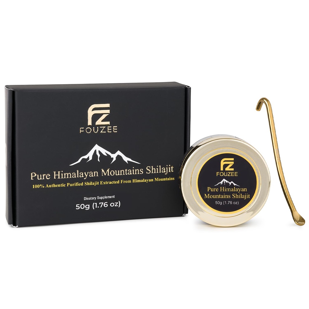 FOUZEE Pure Himalaya Dağları Shilajit -% 77 + Fulvic Acid Hard Consistency, Natural Source of Fulvic Acid, Over 85 Trace Minerals, Double Steel Spoon (50 Grams) içerir.