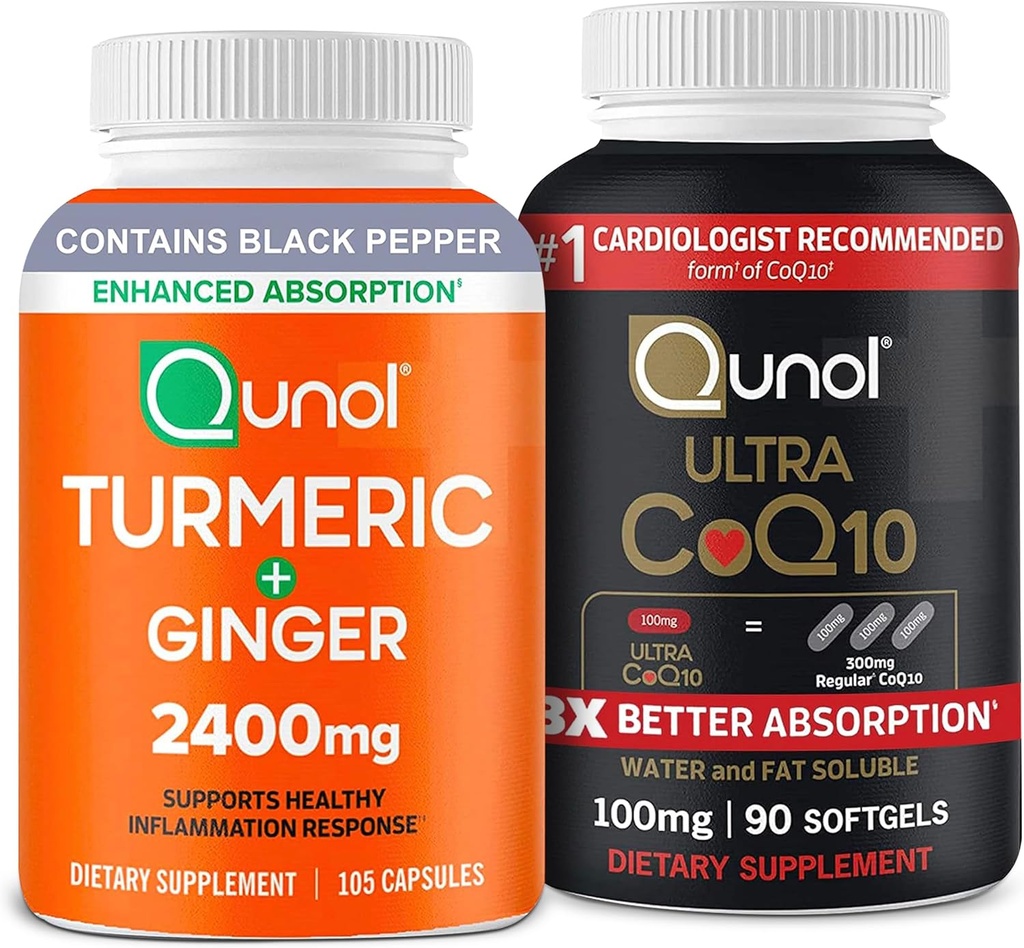 Qunol CoQ10 & Turmeric: Turmeric Curcumin, 2400mg, 105 Capsules & Ultra CoQ10 100mg, 90 Softgels