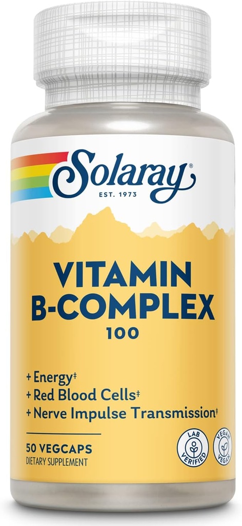 SOLARAY Vitamin B Kompleksi 100 mg, Sağlıklı Enerji Supplement, Red Blood Cell Formation, Nerve & Immune Support, Super B Complex Vitamins with Folic Acid, B6, B12, Biotin & More, Vegan, 50ct